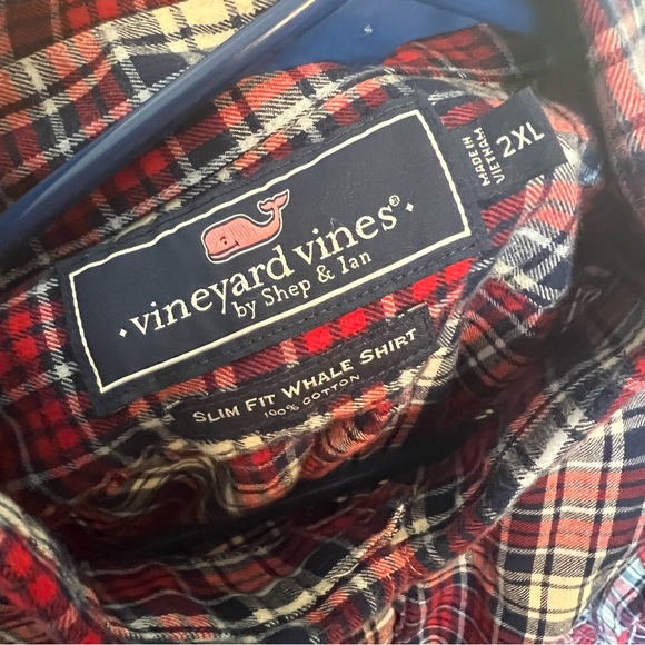 Vineyard Vines Flannel Shirt Mens Red Blue Plaid Slim Fit Whale Shirt Size 2XL - Picture 5 of 5